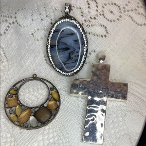 Lot of 3 Pendants Blue Agate Oval, Hammered Metal Cross, Earthy Tone Boho Round
